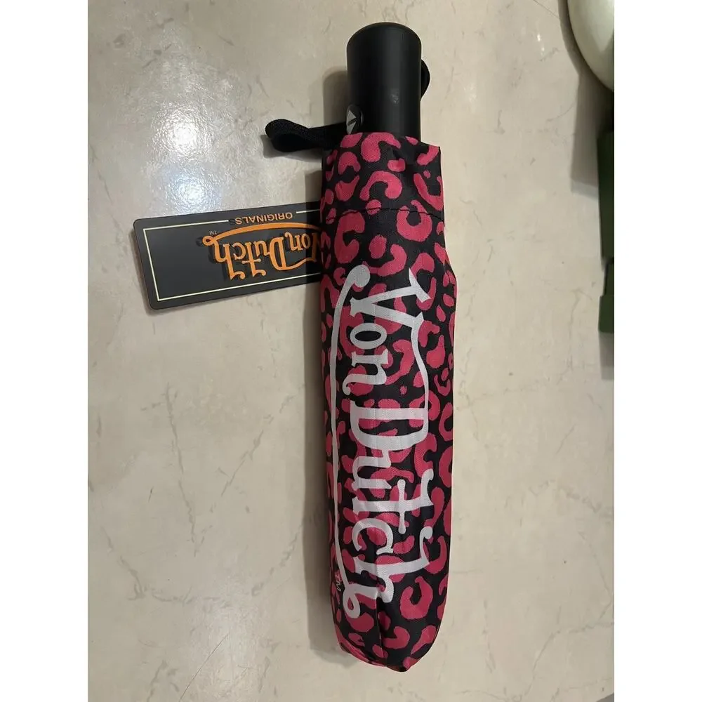 Von Dutch Hot Pink Cheetah Compact Automatic Umbrella, Strong & Portable